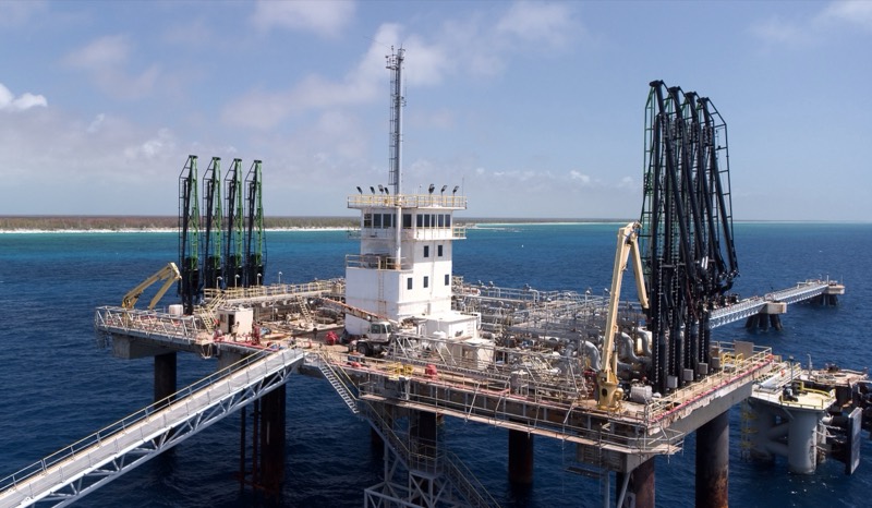 The Liwathon B.O.S. Sea Island, with its loading arms and control tower, off the coast of Grand Bahama.